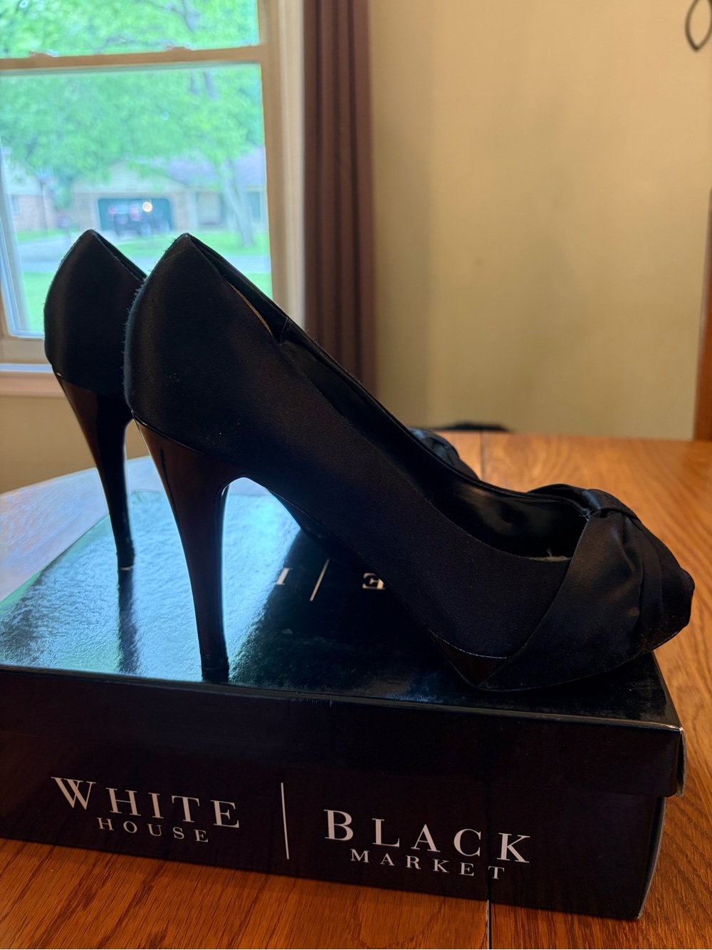 White House Black Market Black Suede Peep-Toe Knot Heels - Picture 3 of 6